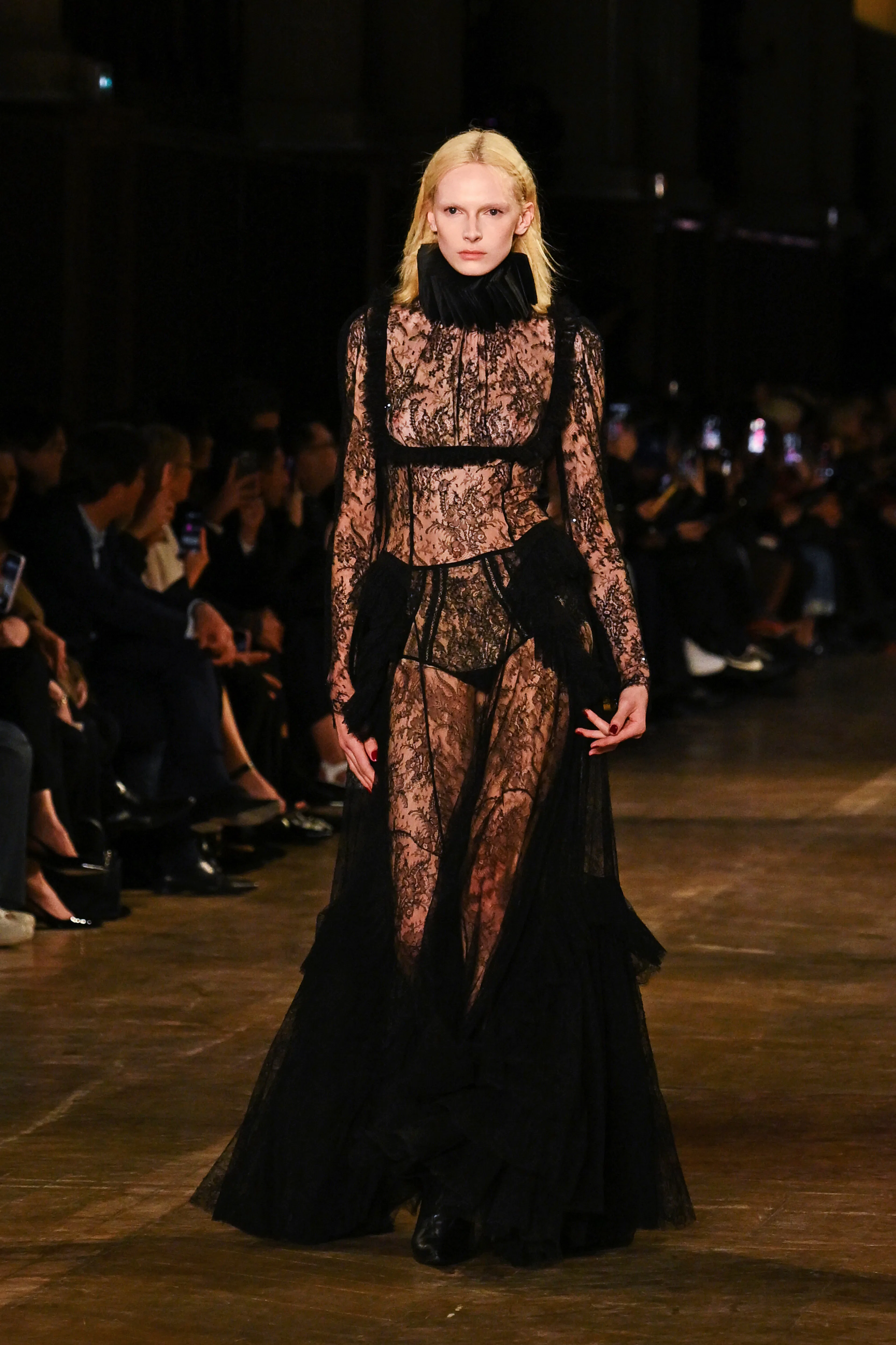 PARIS, FRANCE - MARCH 08: Alex Consani walks the runway at the McQueen Autumn Winter 2025 Show on Ma...