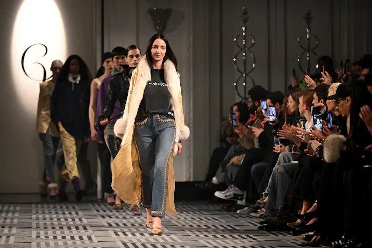 LONDON, ENGLAND - FEBRUARY 23: Tish Weinstock walks the runway during the finale of the Conner Ives ...