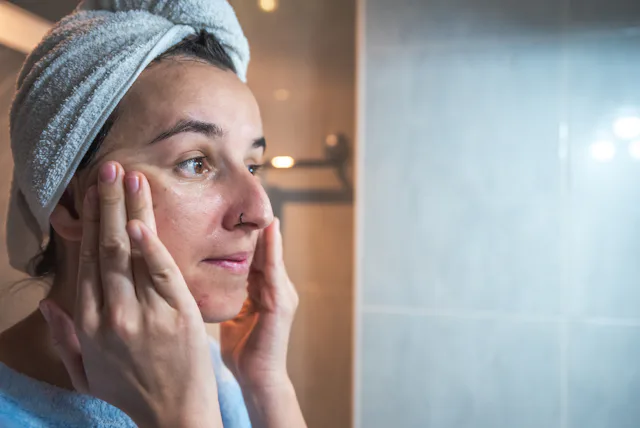 Young woman massaging her face with her hands after applying cream