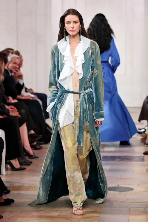 A model walks the runway for the Ralph Lauren fashion show