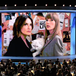 US director Mariska Hargitay and US singer Taylor Swift and her cat Olivia Benson appear on screen d...