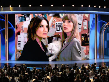 US director Mariska Hargitay and US singer Taylor Swift and her cat Olivia Benson appear on screen d...