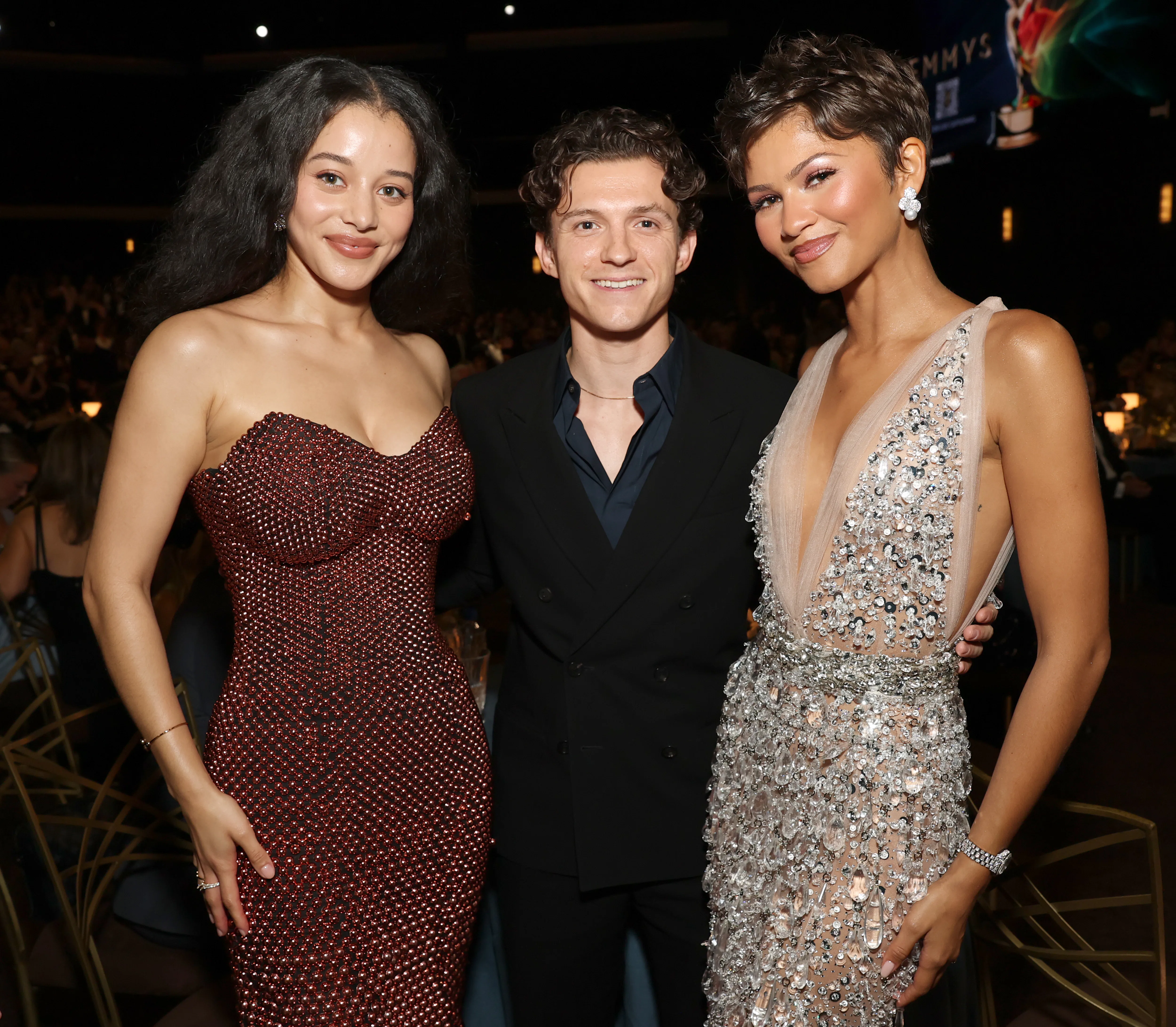 78th PRIMETIME EMMY AWARDS -- Pictured: (l-r) Chase Infiniti, Tom Holland and Zendaya attend the 78t...