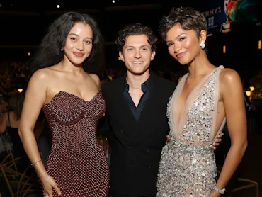 78th PRIMETIME EMMY AWARDS -- Pictured: (l-r) Chase Infiniti, Tom Holland and Zendaya attend the 78t...