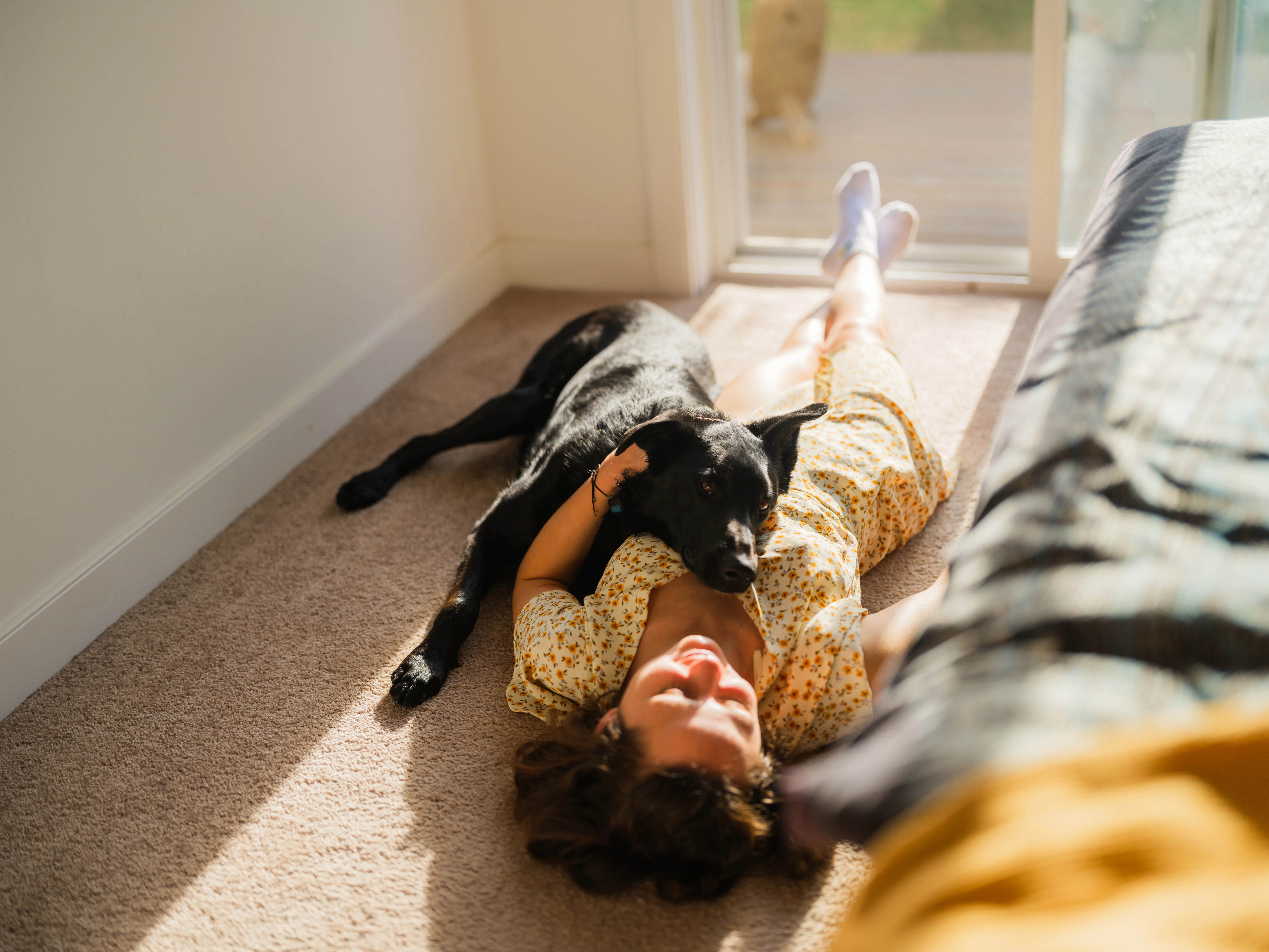 Woman in a summer dress lying on a carpet in a sunlit room near a window, relaxing with her dog. Sof...