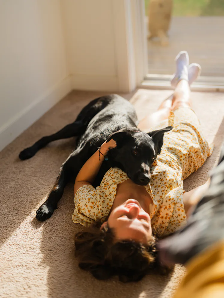Woman in a summer dress lying on a carpet in a sunlit room near a window, relaxing with her dog. Sof...