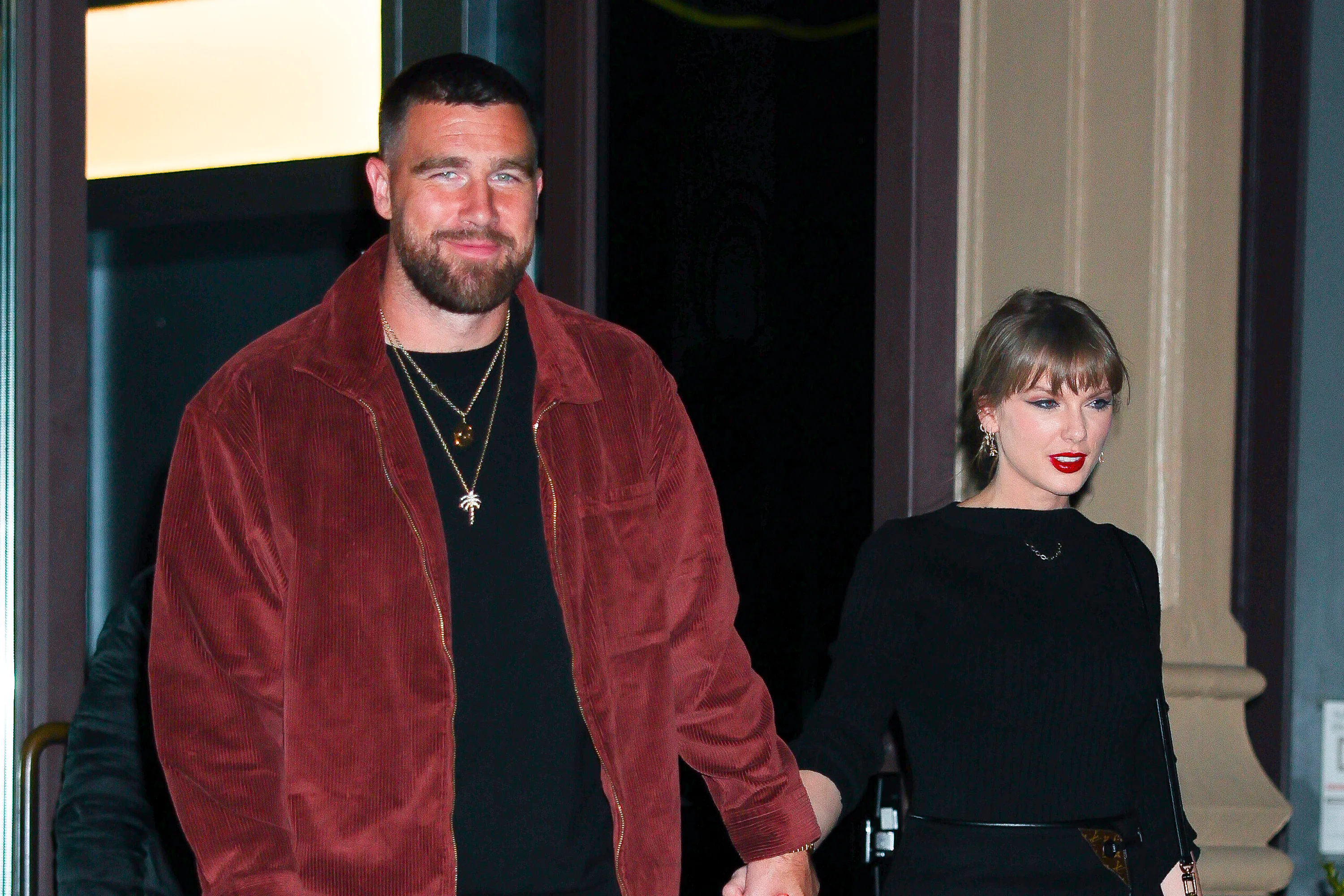 NEW YORK, NEW YORK - NOVEMBER 06: Taylor Swift and Travis Kelce seen in NoHo on November 06, 2025 in...