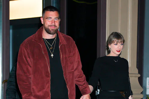 NEW YORK, NEW YORK - NOVEMBER 06: Taylor Swift and Travis Kelce seen in NoHo on November 06, 2025 in...