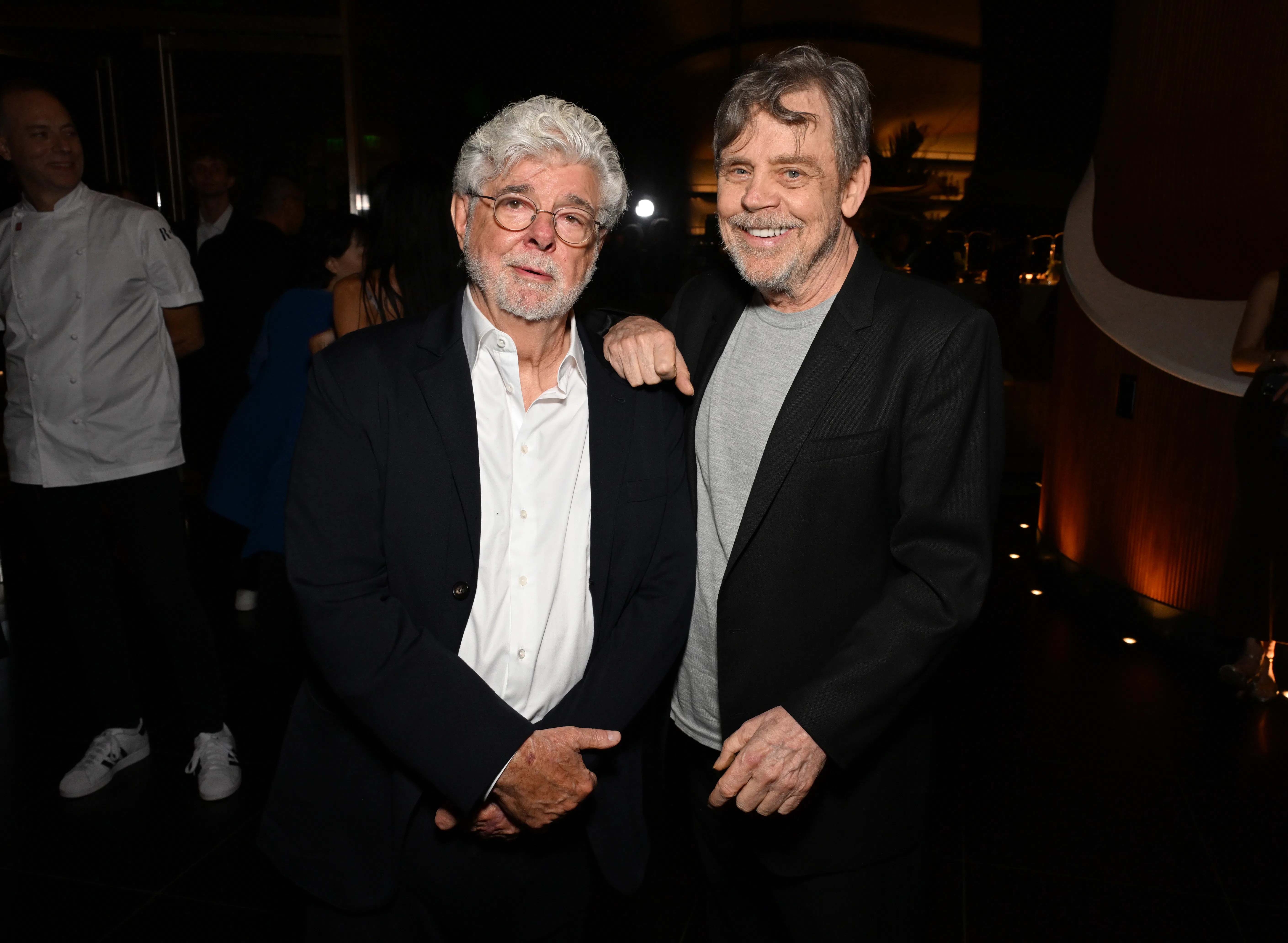 LOS ANGELES, CALIFORNIA - SEPTEMBER 19: (L-R) George Lucas, Founder, LMNA, and Mark Hamill attend th...
