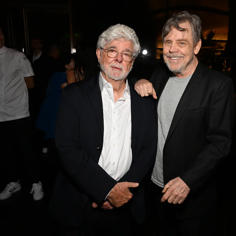 LOS ANGELES, CALIFORNIA - SEPTEMBER 19: (L-R) George Lucas, Founder, LMNA, and Mark Hamill attend th...