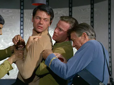 LOS ANGELES - SEPTEMBER 22: Gary Lockwood as Lt. Cmdr. Gary Mitchell, William Shatner as Captain Jam...