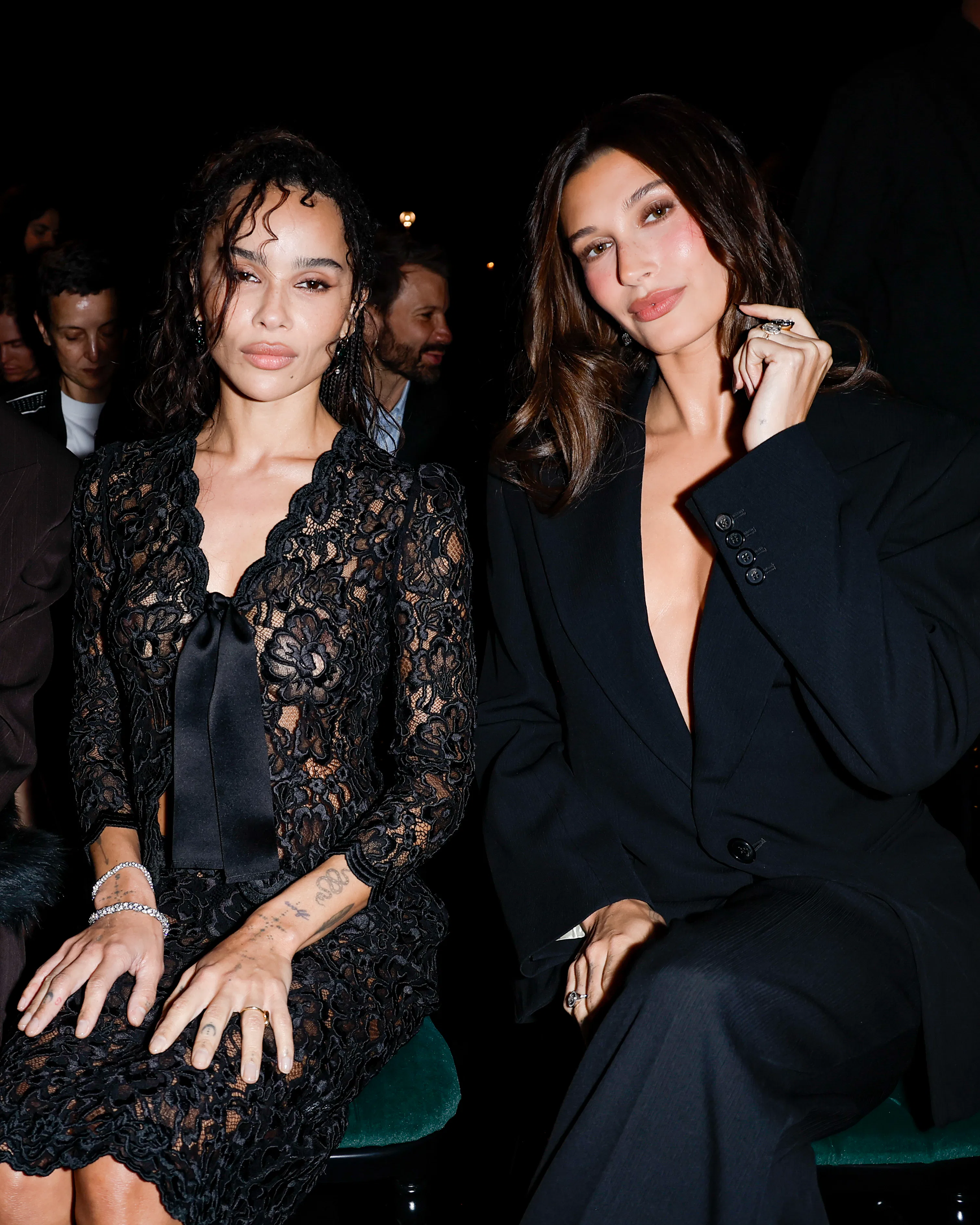 Zoe Kravitz and Hailey Bieber at the Saint Laurent fashion show as a part of Paris RTW Spring/Summer...