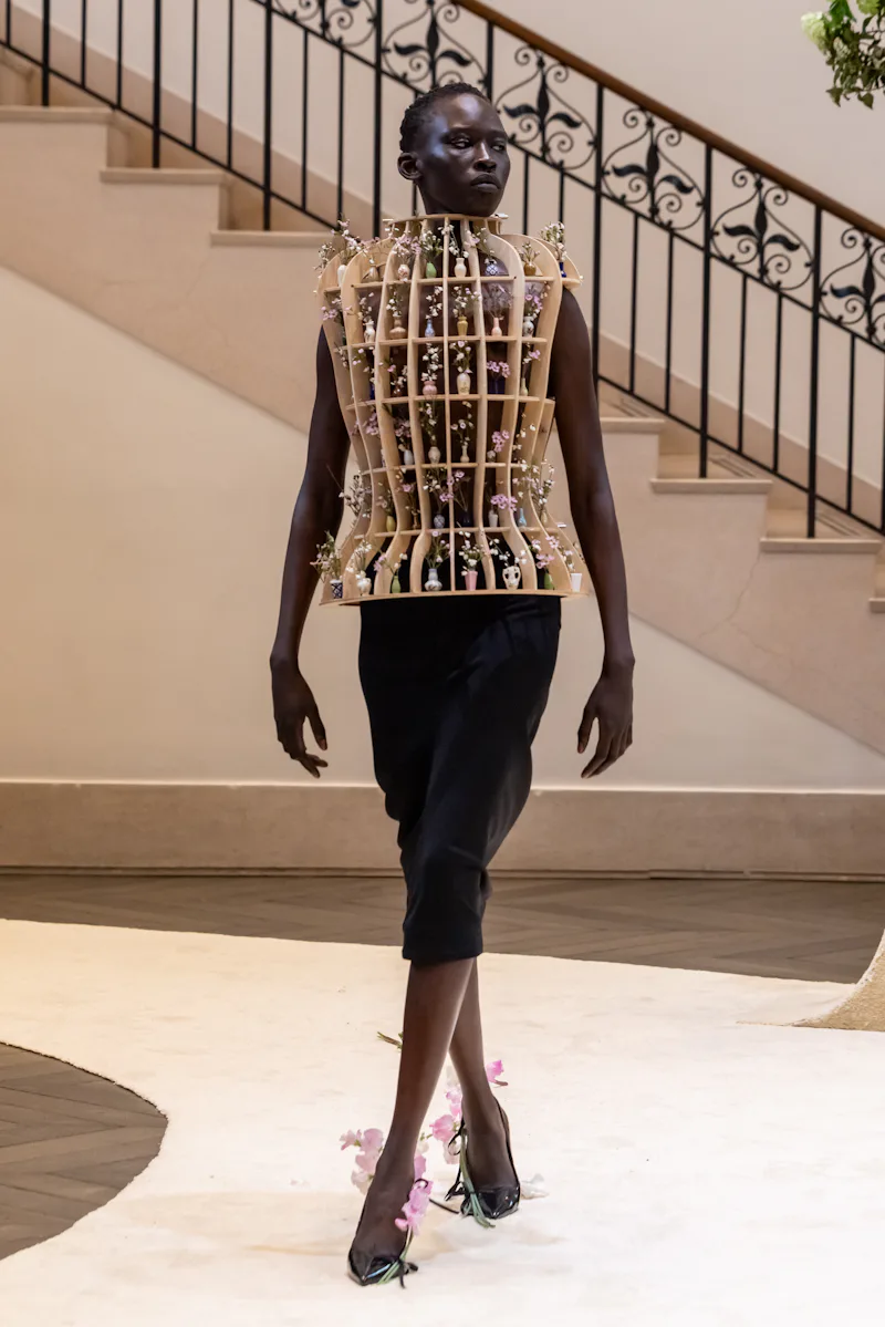 LONDON, ENGLAND - FEBRUARY 21: A model walks the runway at Thevxlley show during London Fashion Week...
