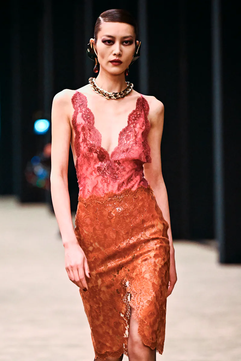 Chinese model Liu Wen presents a creation for Saint Laurent for the Women's Ready to Wear Fall/Winte...