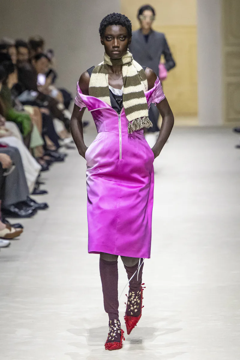 MILAN, ITALY - FEBRUARY 26: A model walks the runway at the Prada Ready to Wear Fall/Winter 2026/202...