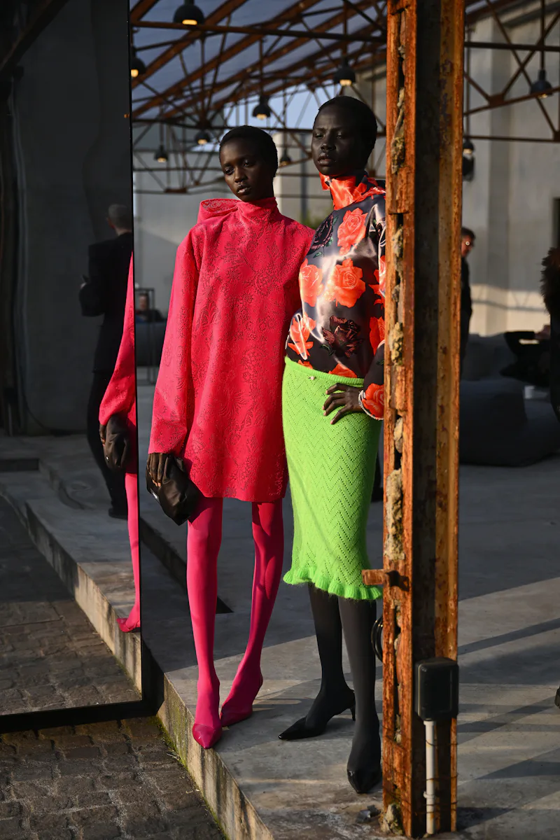 MILAN, ITALY - FEBRUARY 28: Models poses backstage ahead of the MSGM fashion show during the Milan F...