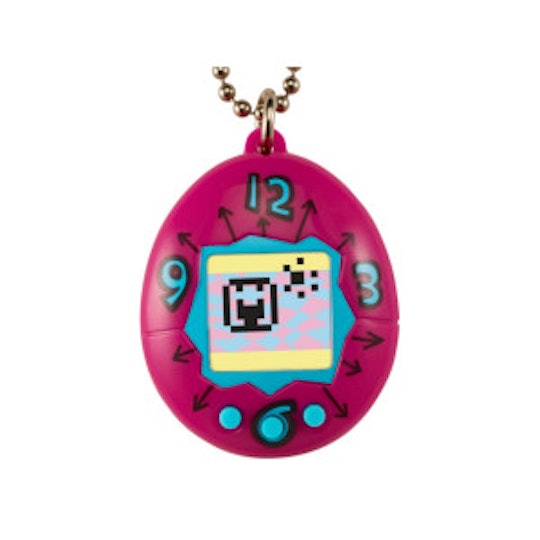 A purple and blue Tamagotchi on a chain