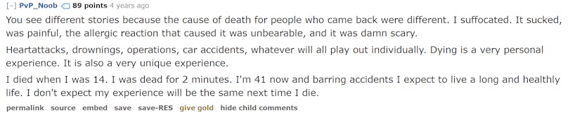 An AskReddit screenshot where a user describes what it feels like to die.