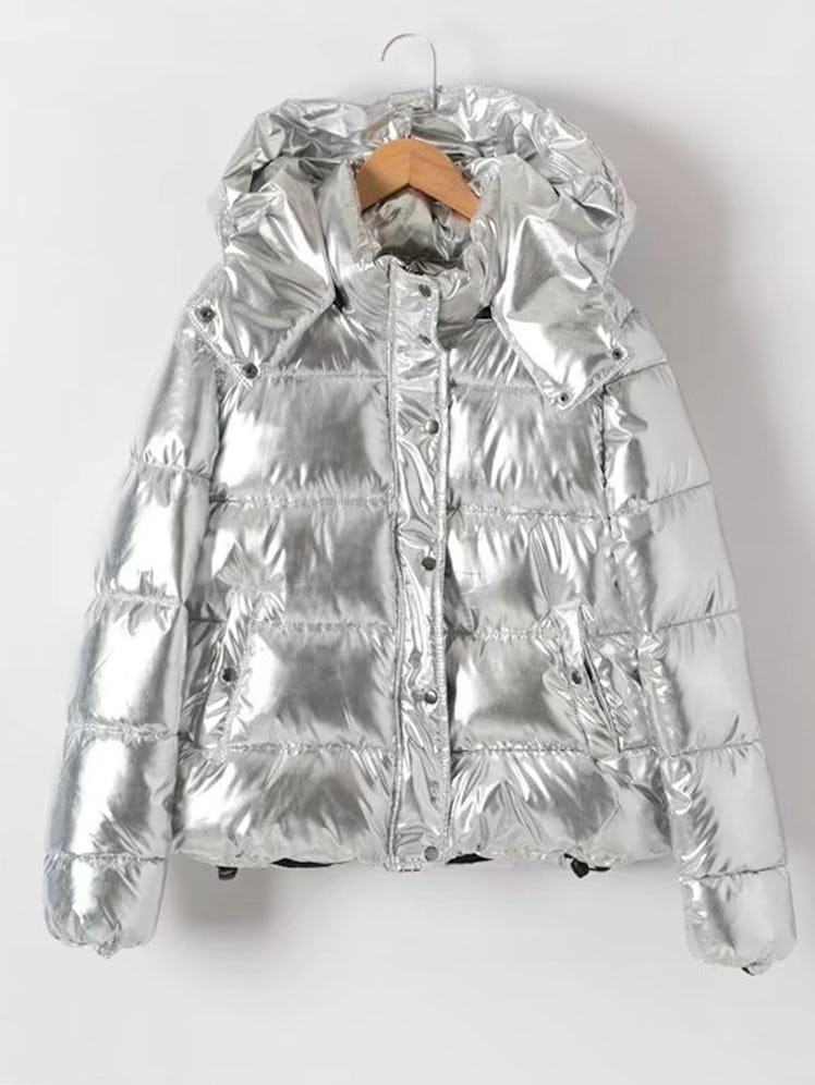 Shein Metallic Quilted Padded Coat With Hood