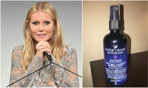 Gwyneth Paltrow at a press conference next to a bottle of Psychic Vampire Repellent