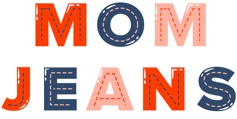 The "Mom Jeans" title written in colorful caps lock letters.