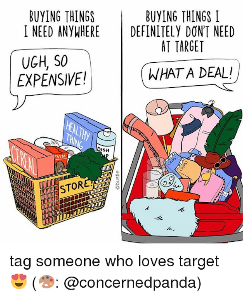 An illustration describing people buying things they need and don't need in Target.