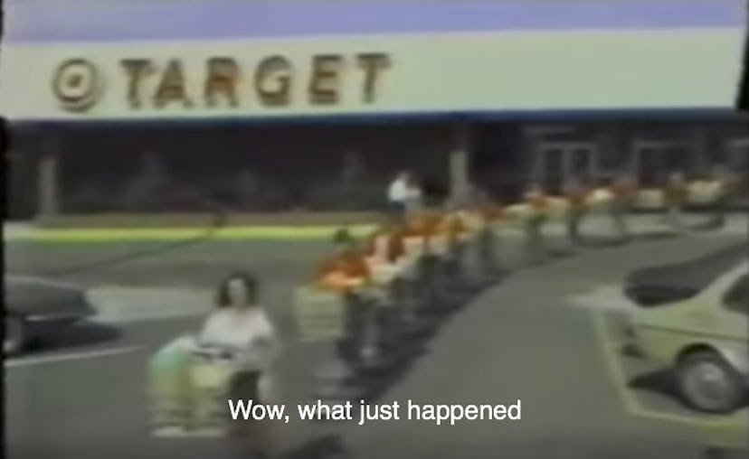 A line of Target shoppers pushing their shopping carts in front of the Target store with the title "...
