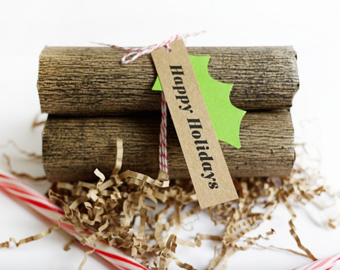 Gifts wrapped in the shape of logs stacked on top of each other