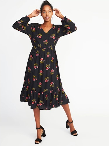 Floral Cinched-Waist Crepe Dress for Women