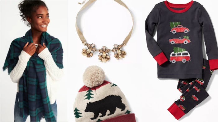 Collage of Old Navy's PJs, jackets, and bracelets that are on sale on Cyber Monday