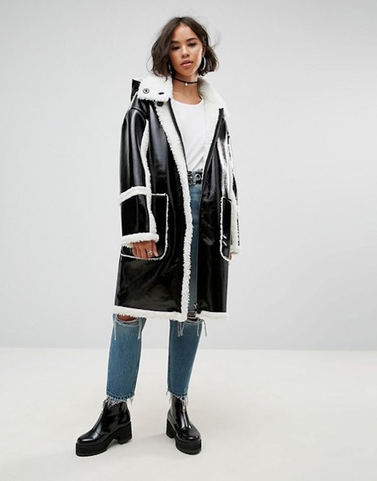ASOS Oversized Parka In Cracked Vinyl With Borg