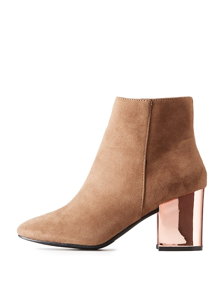 Metalic Heel Faux Suede Ankle Booties