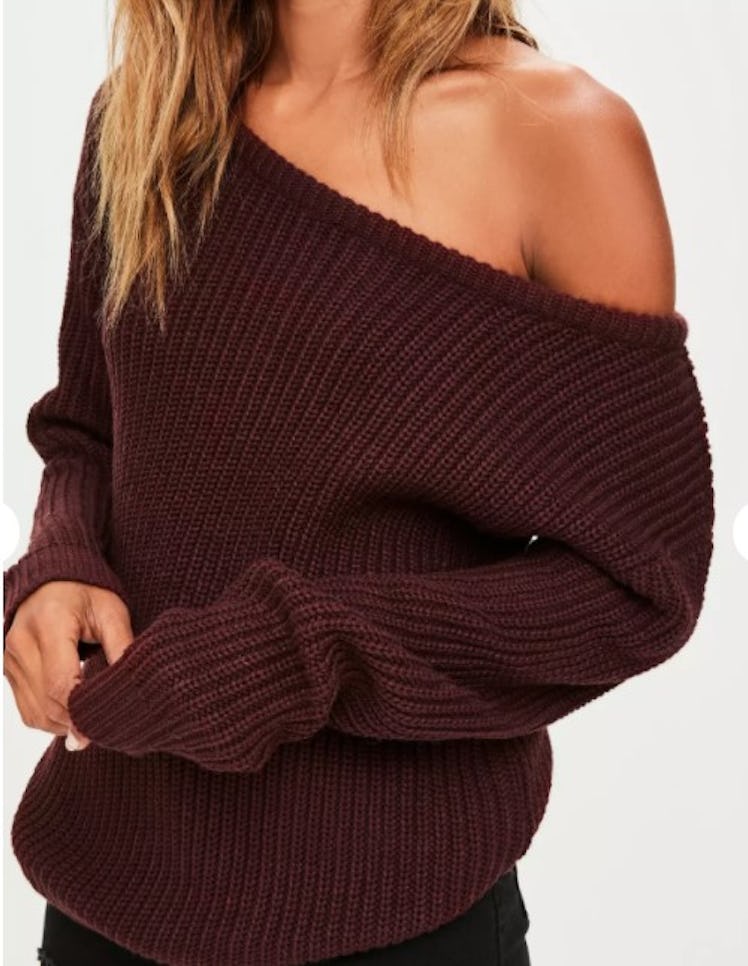Burgundy Off Shoulder Knitted Sweater