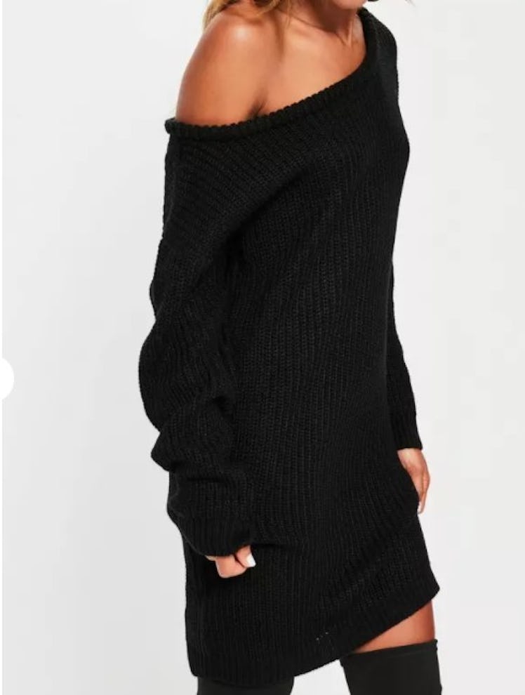 Black Off Shoulder Knitted Sweater Dress