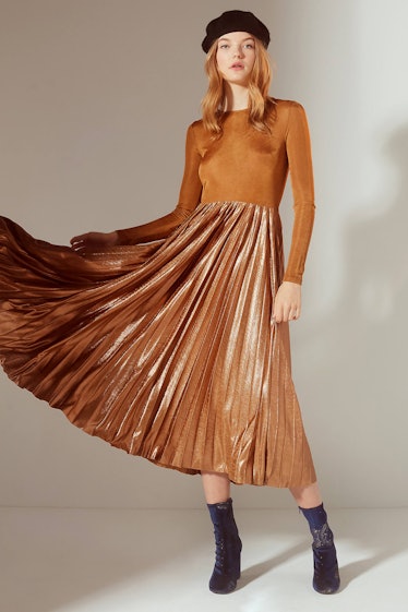 UO Gold Rush Pleated Metallic Midi Dress