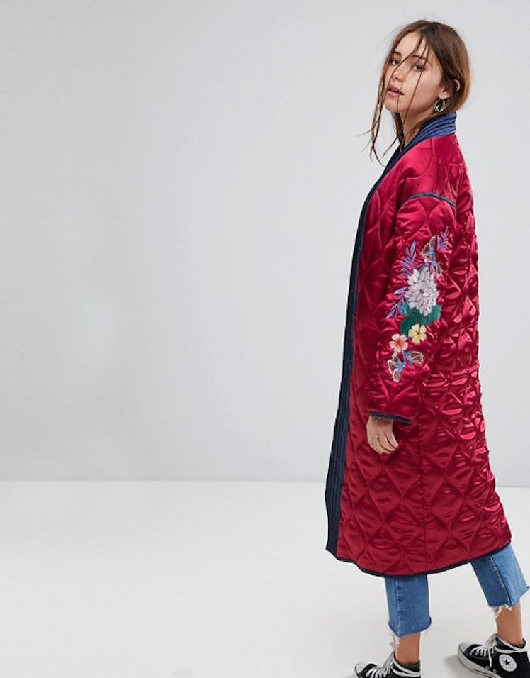 Glamorous Premium Wrap Jacket In Quilted Satin With Floral Embroidery