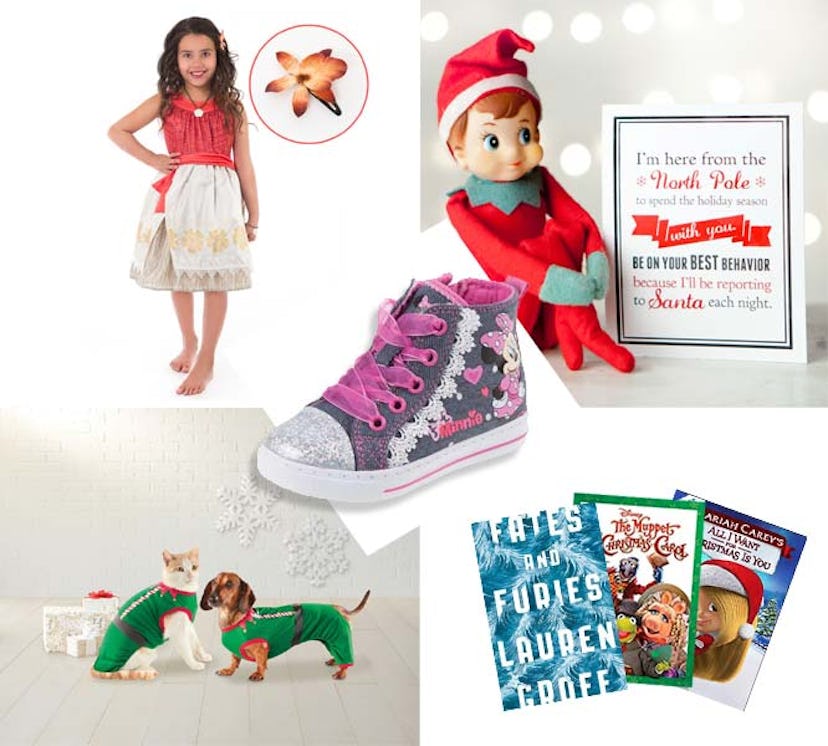 Pink sneakers, notebooks, elf, clothes for a dog and cat