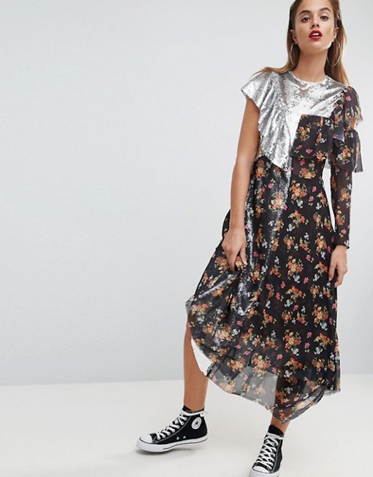 ASOS Sequin Mix Ditsy Raw Edge Print Midi Tea Dress