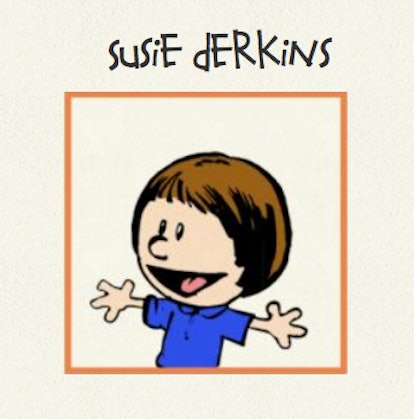 A strip character Susie Derkins is shown in the drawing with her arms spread.