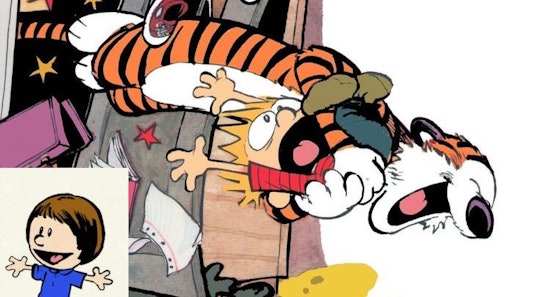 a panel from the Calvin and Hobbes  comic where hobbes is carrying a screaming calvin