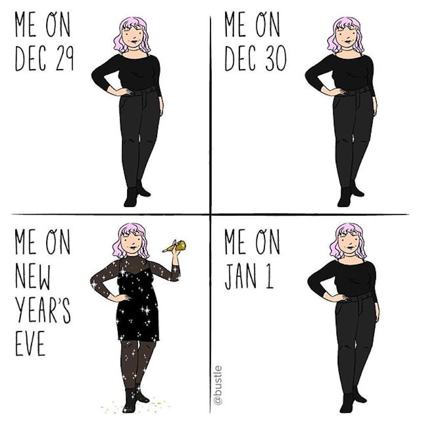 A meme with female illustrations on December 29th, 30th, on New Year's Eve, and on January 1st