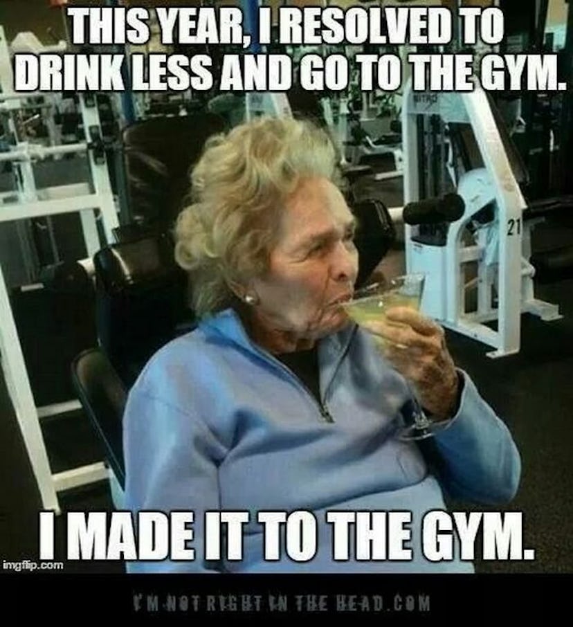 A nanny drinking a cocktail at gym and a "this year, I resolved to drink less and go to the gym. I m...