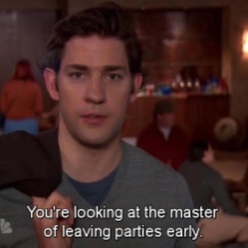 Meme with actor John Krasinski and "You're looking at the master of leaving parties early" text