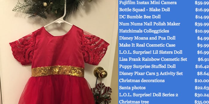 A red toddler dress on a hanger next to a list of things a family raising a toddler on $70,000 a yea...