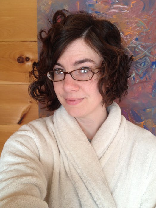 Emily F. Popek taking a selfie in a bathrobe