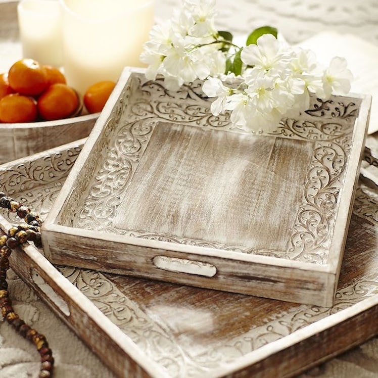 Hand-Carved White Washed Square Vine Trays