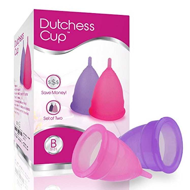 A Dutchess Cup box and a pink, and purple cup next to it