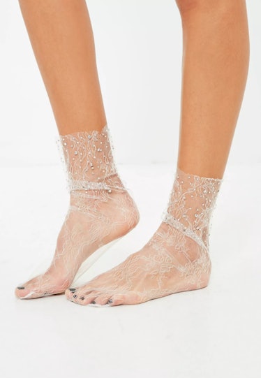 White Mesh Diamante Socks
