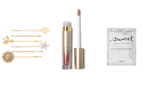 A collage of beauty stocking stuffers: Stila Deluxe Glitterati Lip Topcoat, Icing Gold Bobby Pins, S...