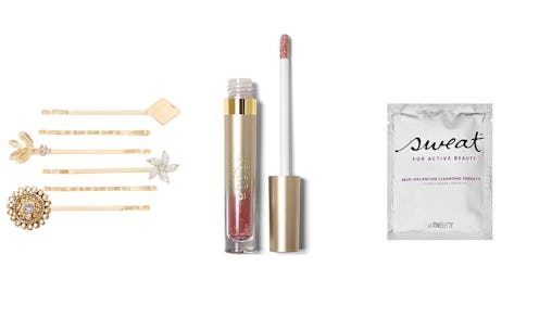 A collage of beauty stocking stuffers: Stila Deluxe Glitterati Lip Topcoat, Icing Gold Bobby Pins, S...